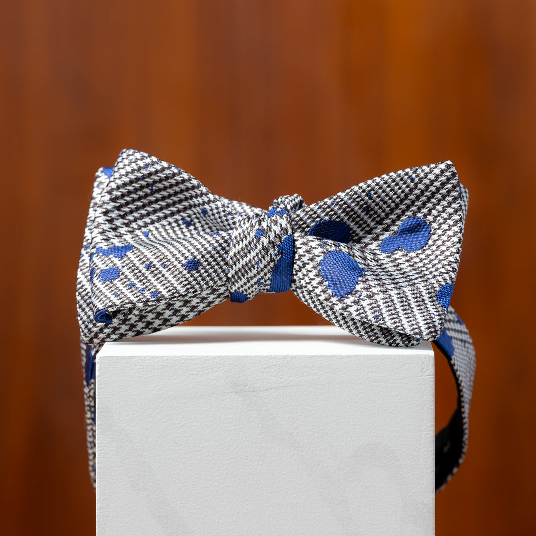 Glen Plaid with Blue Paint Splatter Silk Bow Tie