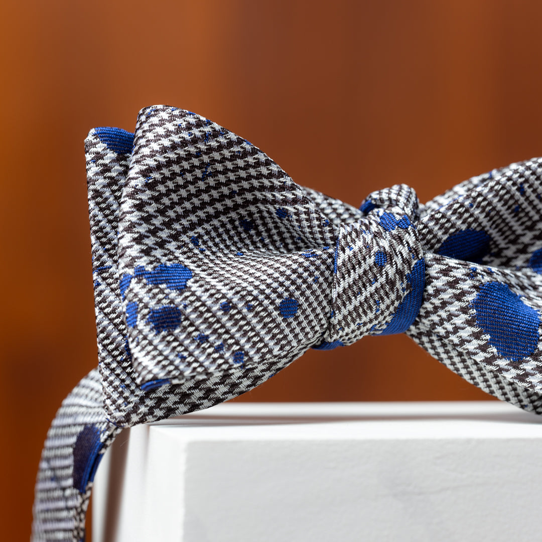 Glen Plaid with Blue Paint Splatter Silk Bow Tie