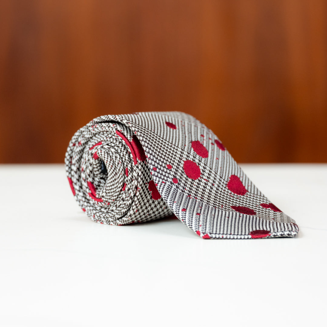 Glen Plaid with Red Paint Splatter Silk Necktie