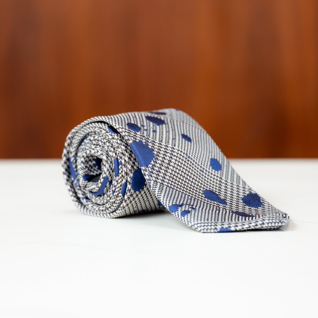 Glen Plaid with Blue Paint Splatter Silk Necktie