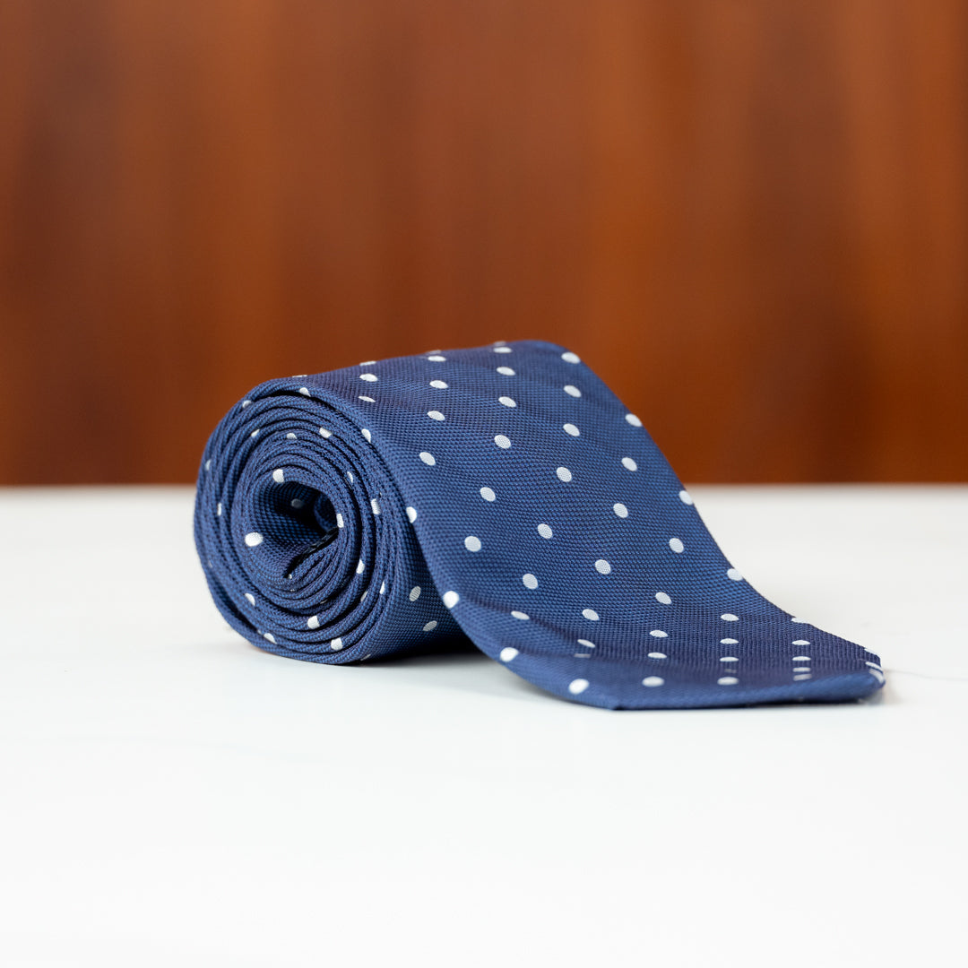 Dark Blue with White Polka Dots Silk Necktie