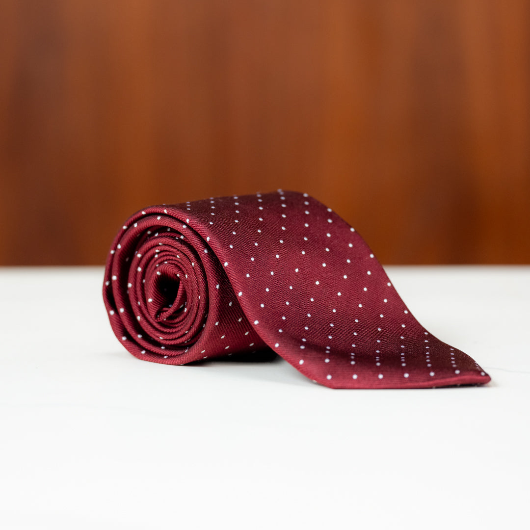 Burgundy with White Pin Dots Silk Necktie