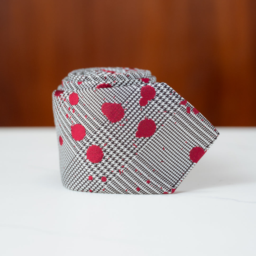 Glen Plaid with Red Paint Splatter Silk Necktie