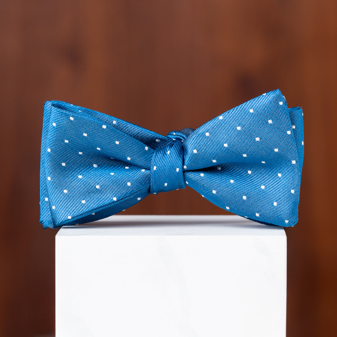 Blue with White Pin Dots Silk Bow Tie