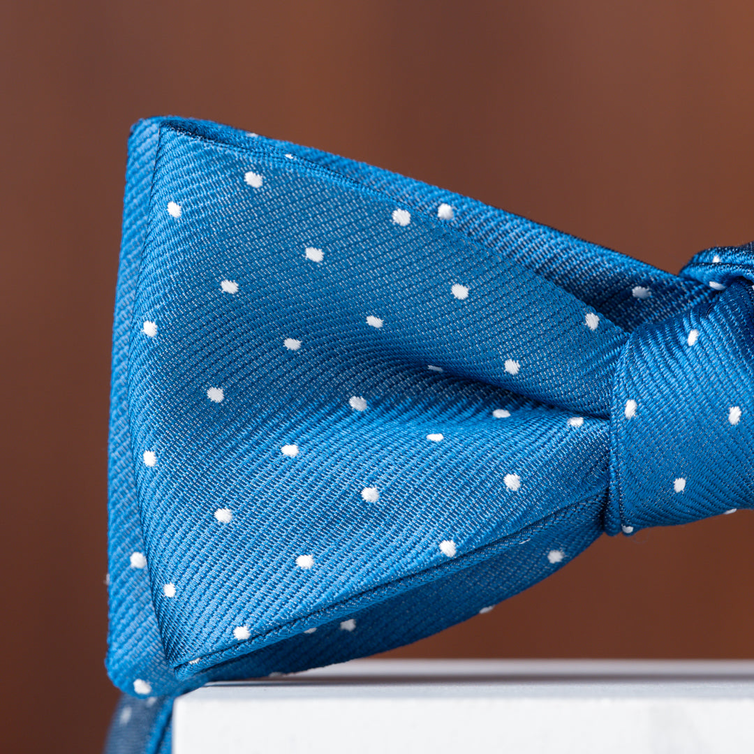 Blue with White Pin Dots Silk Bow Tie